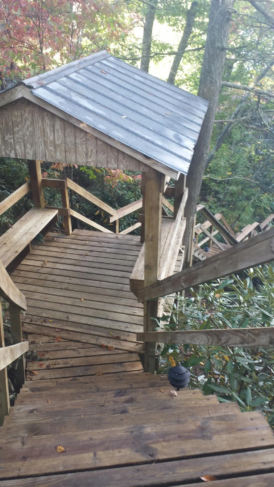 Metal roofed shelter over wooden steps on a wooded walkway — Skylight Repair & Installation work by our crew in Boothville